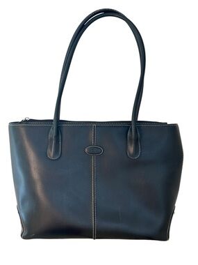 Tod's Black Leather Large Tote Handbag, Authentic Vintage Contrast Stitching
